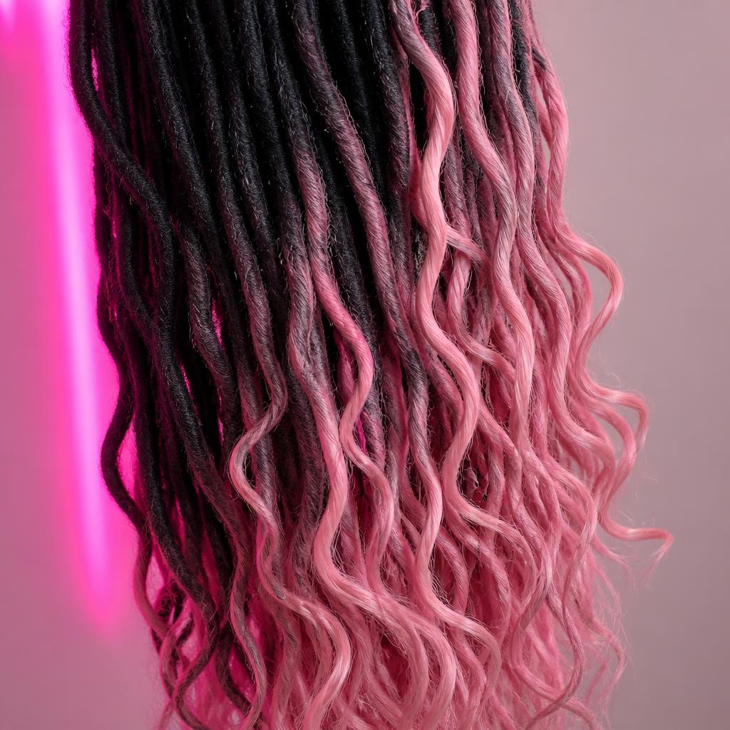 Close-up of pink and black dreadlock texture