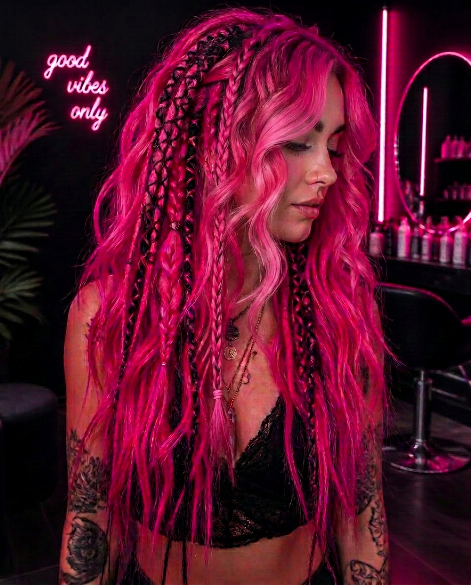 Bright pink boho waves with pink and black dreads styled by Tatty Locs