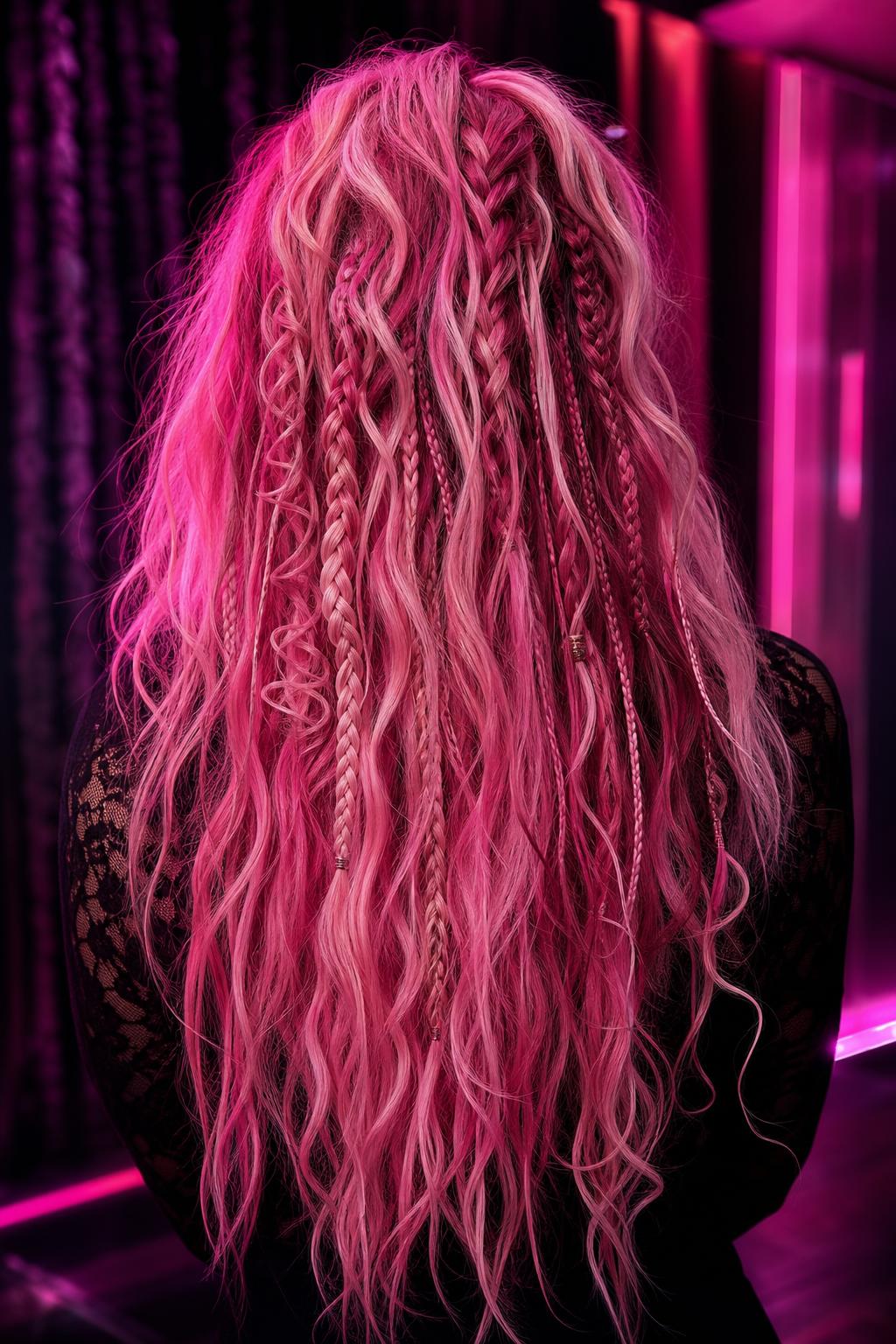 Back view of boho bright pink waves and pencil dreads