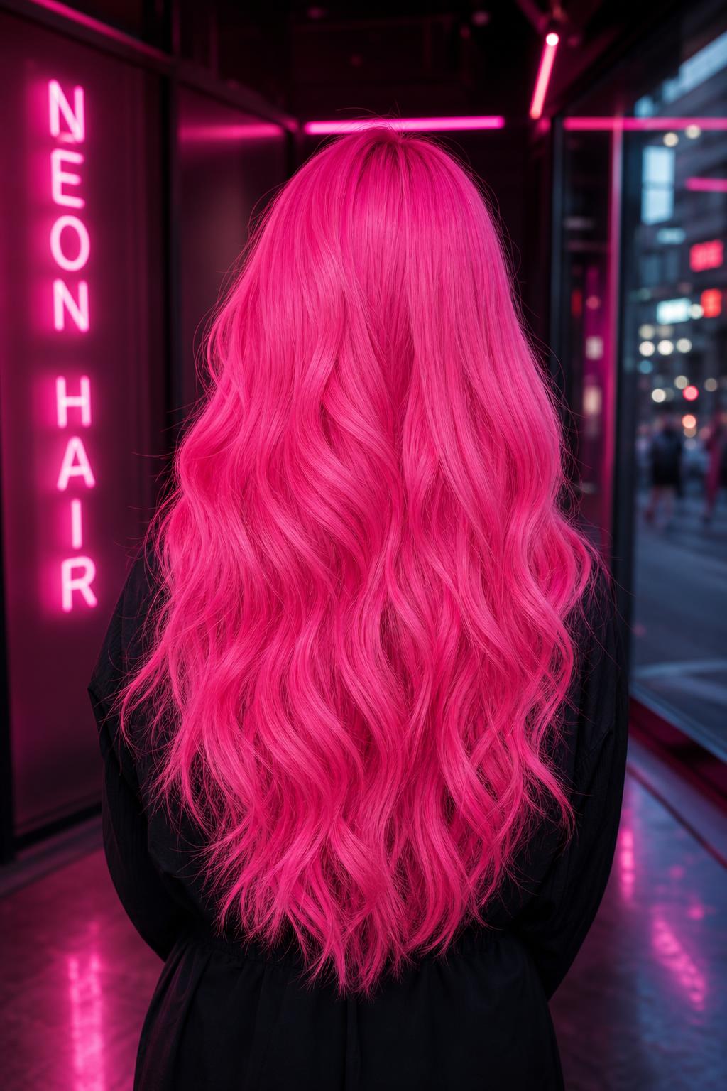 Back view of bright pink long loose waves